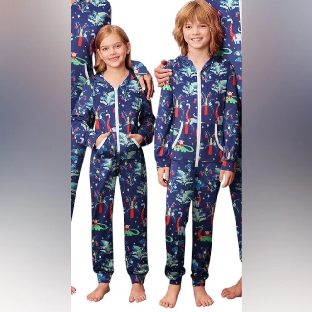 NEW Ekouaer Kids Holiday Dinosaur Hooded Union Suit Navy Blue‎ Size 150 10-12Y